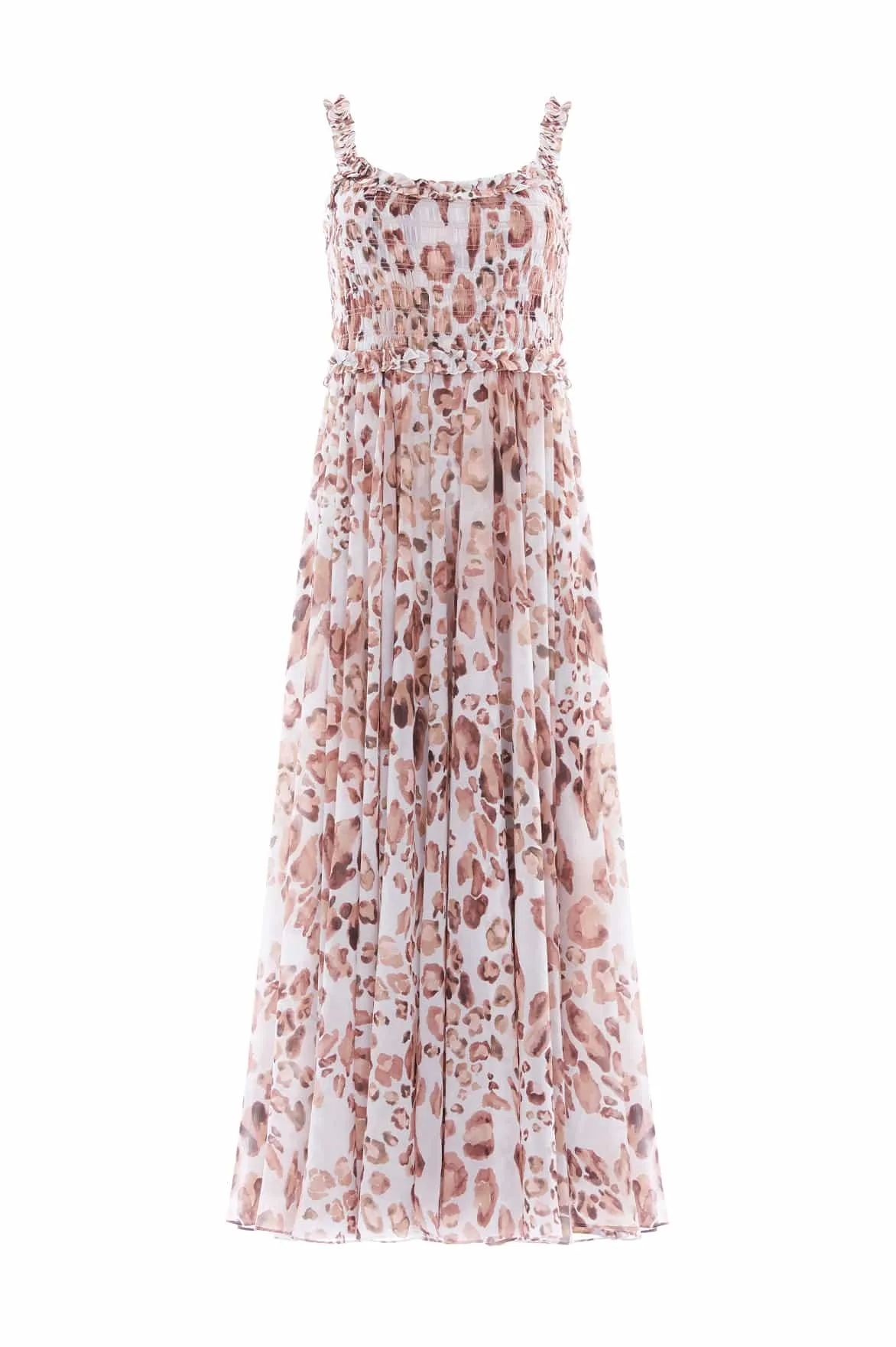 Vibrant Waist Fit Matte-finish Leopard Chiffon Smocked Cami Ankle Gown