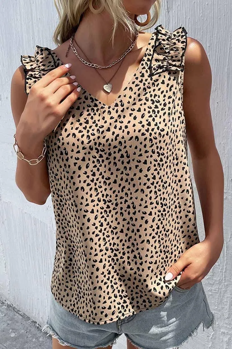 RecycledBlend Gym Wear LEOPARD FRILL LACE SHOULDER SLEEVELESS TUNIC TOP