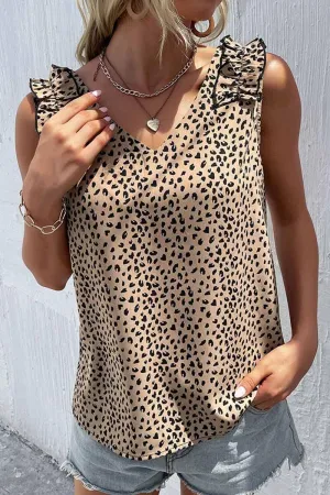 Subtle Texture Weave Versatile Layering Piece LEOPARD FRILL LACE SHOULDER SLEEVELESS TUNIC TOP