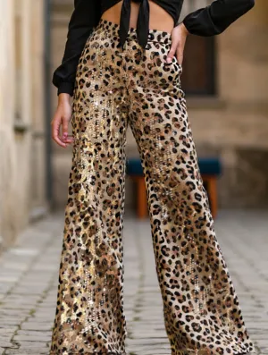 Leopard print high-waisted sequined wide-leg pants Cozy Casual Low Profile
