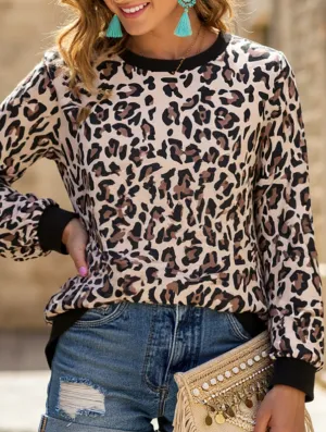 Leopard Print Long-Sleeve Casual Pullover Hoodie HeatSealed Seams VNeckline
