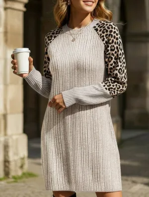 Leopard print long-sleeved round neck casual dress Family Warm Fashion Layers