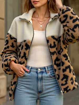Comfy Style Leopard print wool warm lapel coat