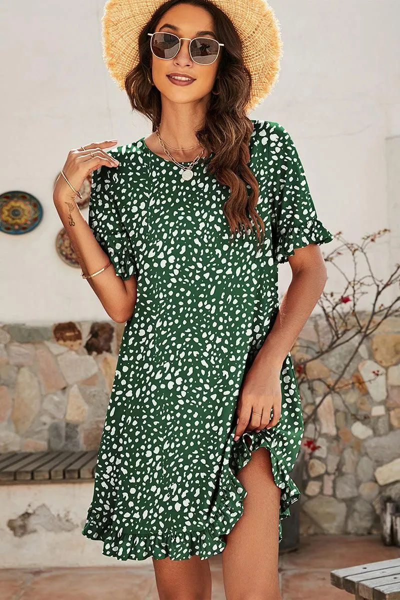 LEOPARD PRINTING RUFFLED SHORT SLEEVE DRESS Texture Rich