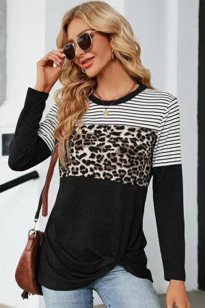 BreathableFabric Seamless Construction Design LEOPARD STRIPE BLOCKED CASUAL PULLOVER