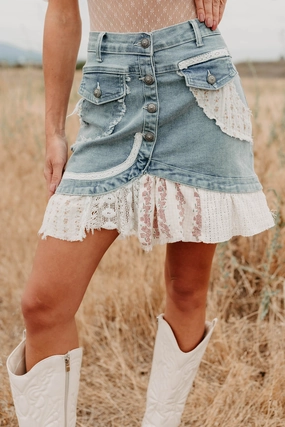 Flared shape Let's Stick Together Patchwork Mini POL Skirt (Denim)