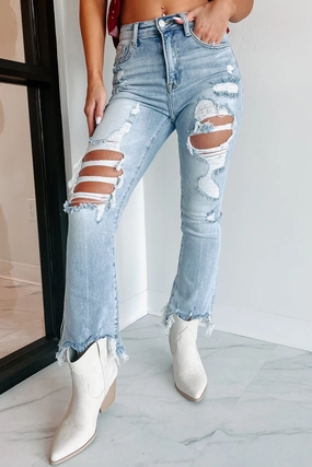 Brushed Interior BiodegradableFabric Let's Talk High Rise Distressed Cropped Flare Risen Jeans (Light)