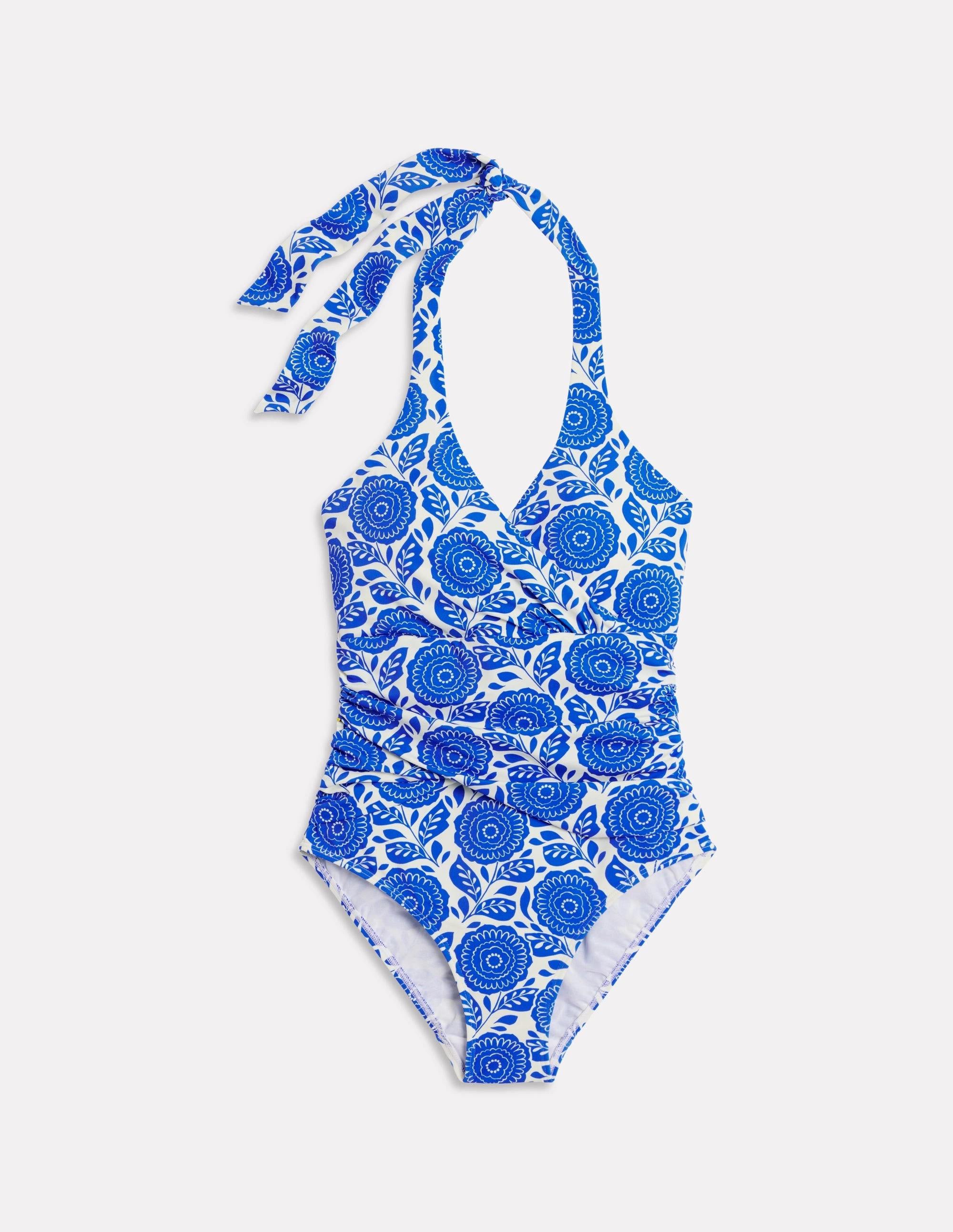 Levanzo Halter Swimsuit-Blue Dahlia Stamp Mesh Ventilation Zones pack light