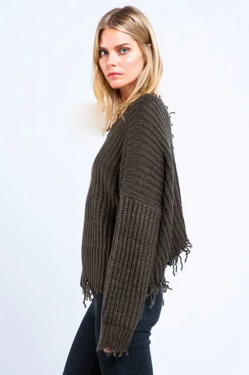 Lexi Olive Green Ripped Sweater