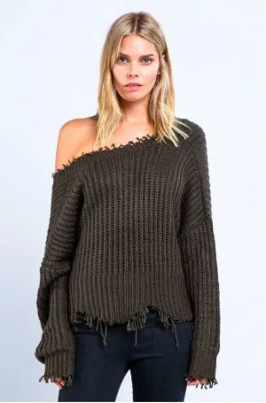 Lexi Olive Green Ripped Sweater