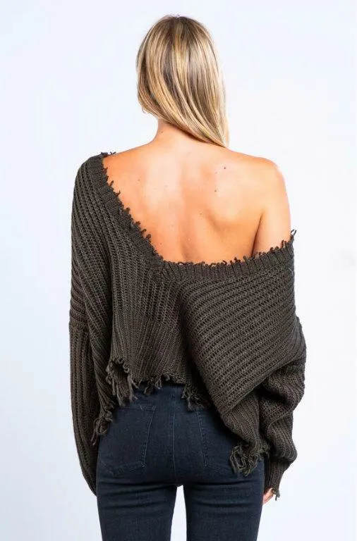 Lexi Olive Green Ripped Sweater