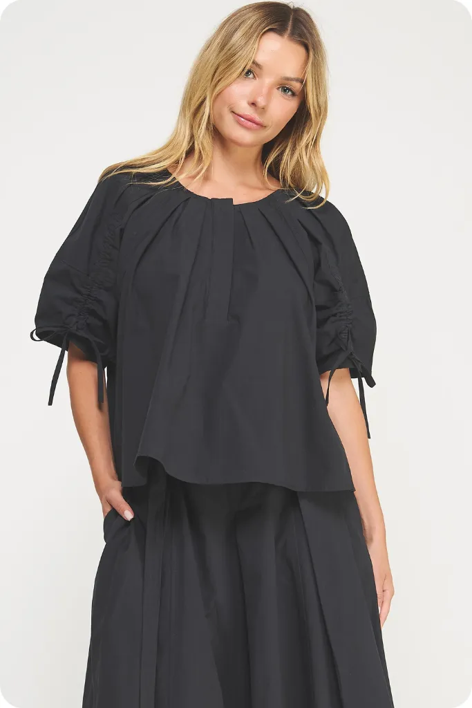 Non Restrictive Collar Interlock Stitch Detail Liana Tie Sleeve Top in Black