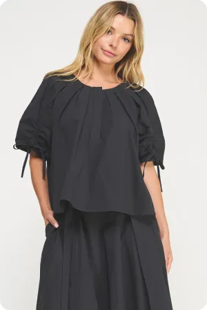 Non Restrictive Collar Interlock Stitch Detail Liana Tie Sleeve Top in Black