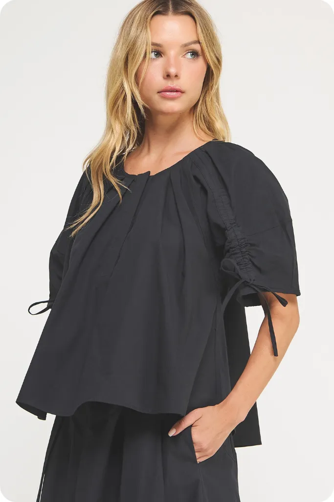 Liana Tie Sleeve Top in Black Soft Wool
