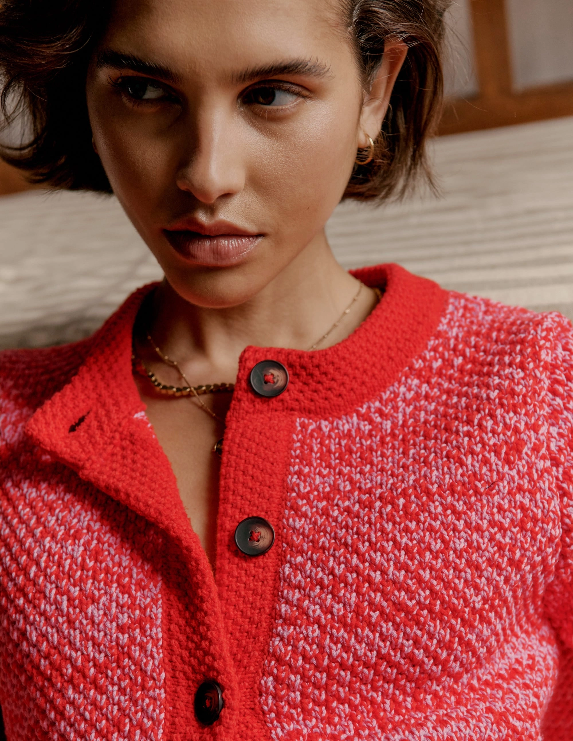 City Style Jacquard Pattern Libby Knitted Jacket-Pink Ribbon/ Poppy Red
