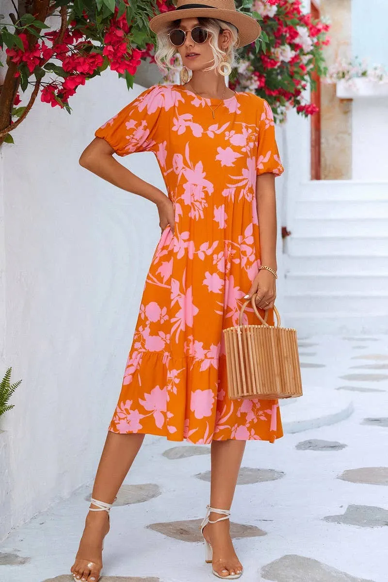 packable Coastal Soft BUBBLE SLEEVE PRINTED DRESS_CWDSD2646