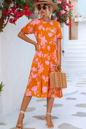 packable Coastal Soft BUBBLE SLEEVE PRINTED DRESS_CWDSD2646