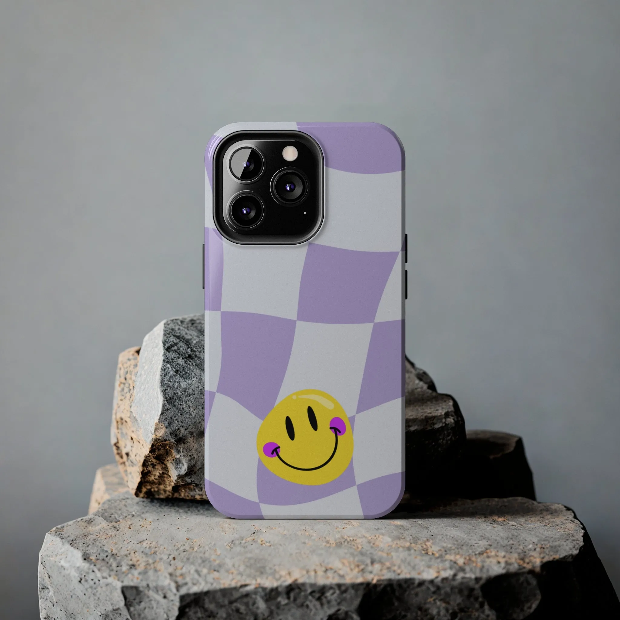 Light Purple Checked Smiley Face Cell Phone Case - Cheerful and Stylish Protective Cover