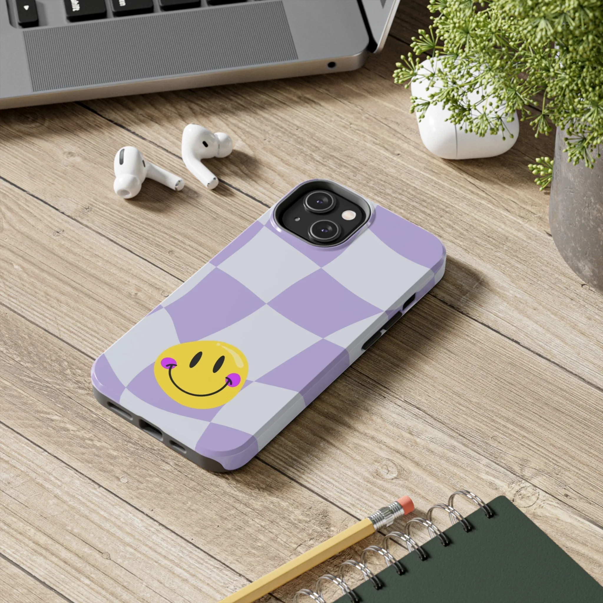 Light Purple Checked Smiley Face Cell Phone Case - Cheerful and Stylish Protective Cover