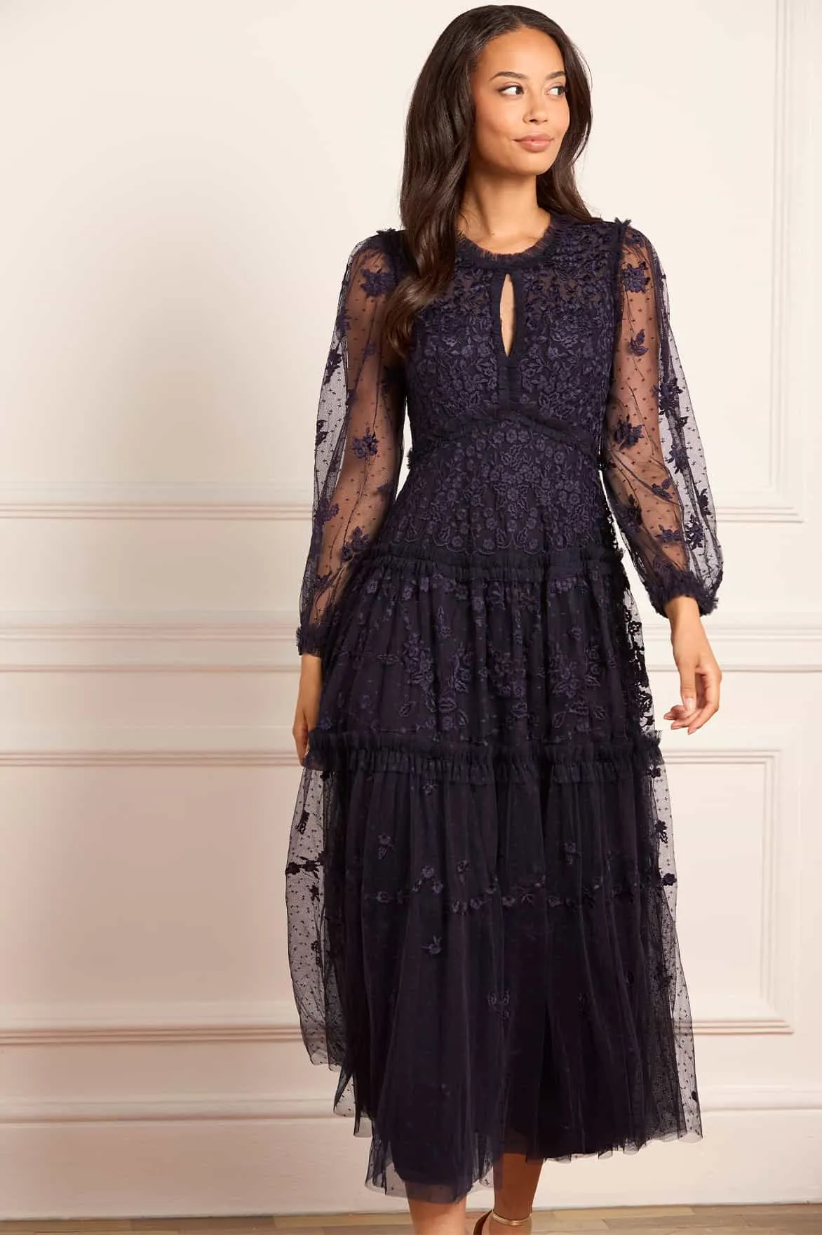 Autumn Lace Long Sleeve Ankle Gown Graduation-Event Button-Cuff