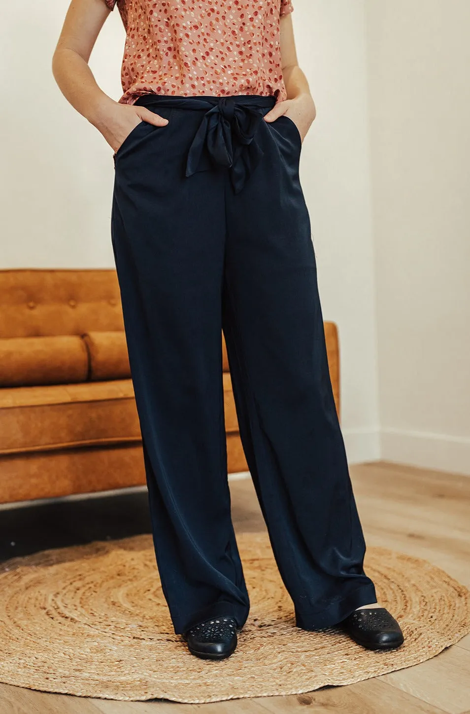 Emma High Waist Pants Two Navy Corduroy texture DoubleLayeredFabric