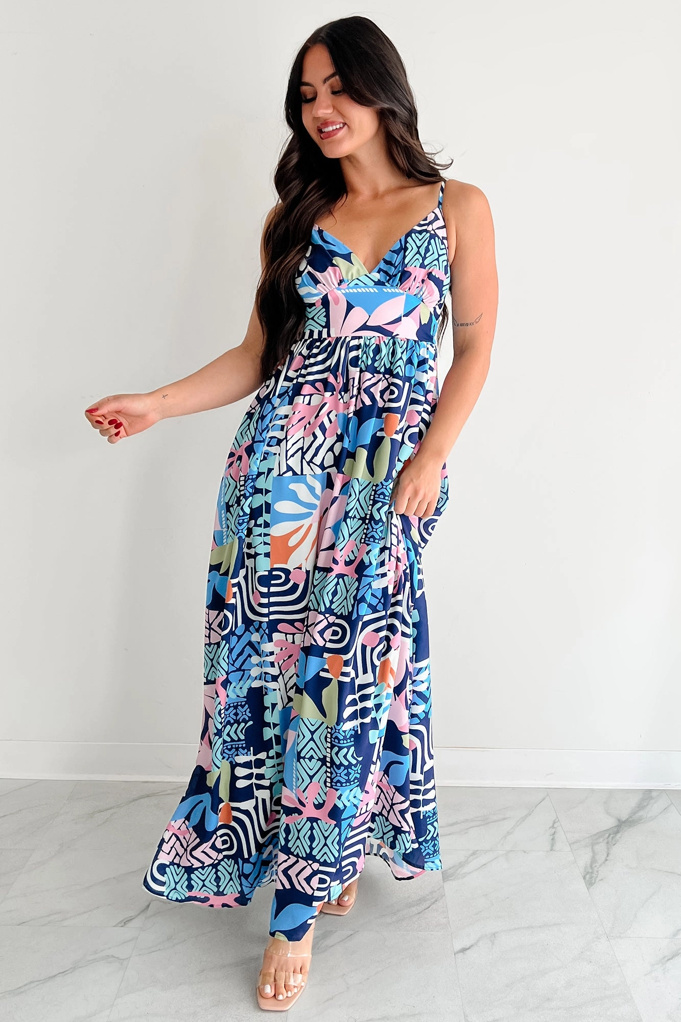 Relentlessly Bold Sleeveless Abstract Maxi Dress (Navy) Perfect Look Airy Comfort