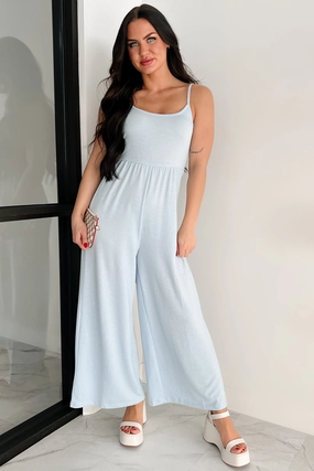 Light As Air Ribbed Wide Leg Jumpsuit (Ice Blue) Semi Casual