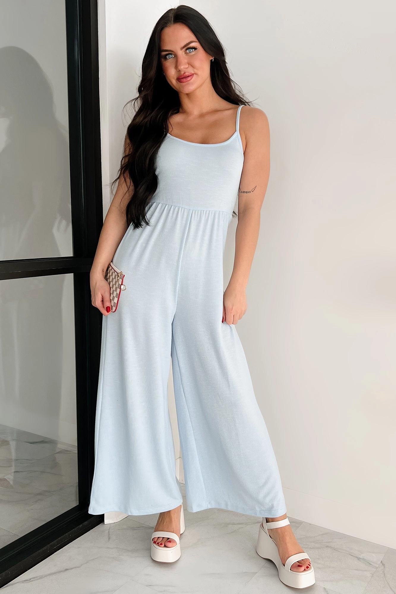 Light As Air Ribbed Wide Leg Jumpsuit (Ice Blue) Semi Casual