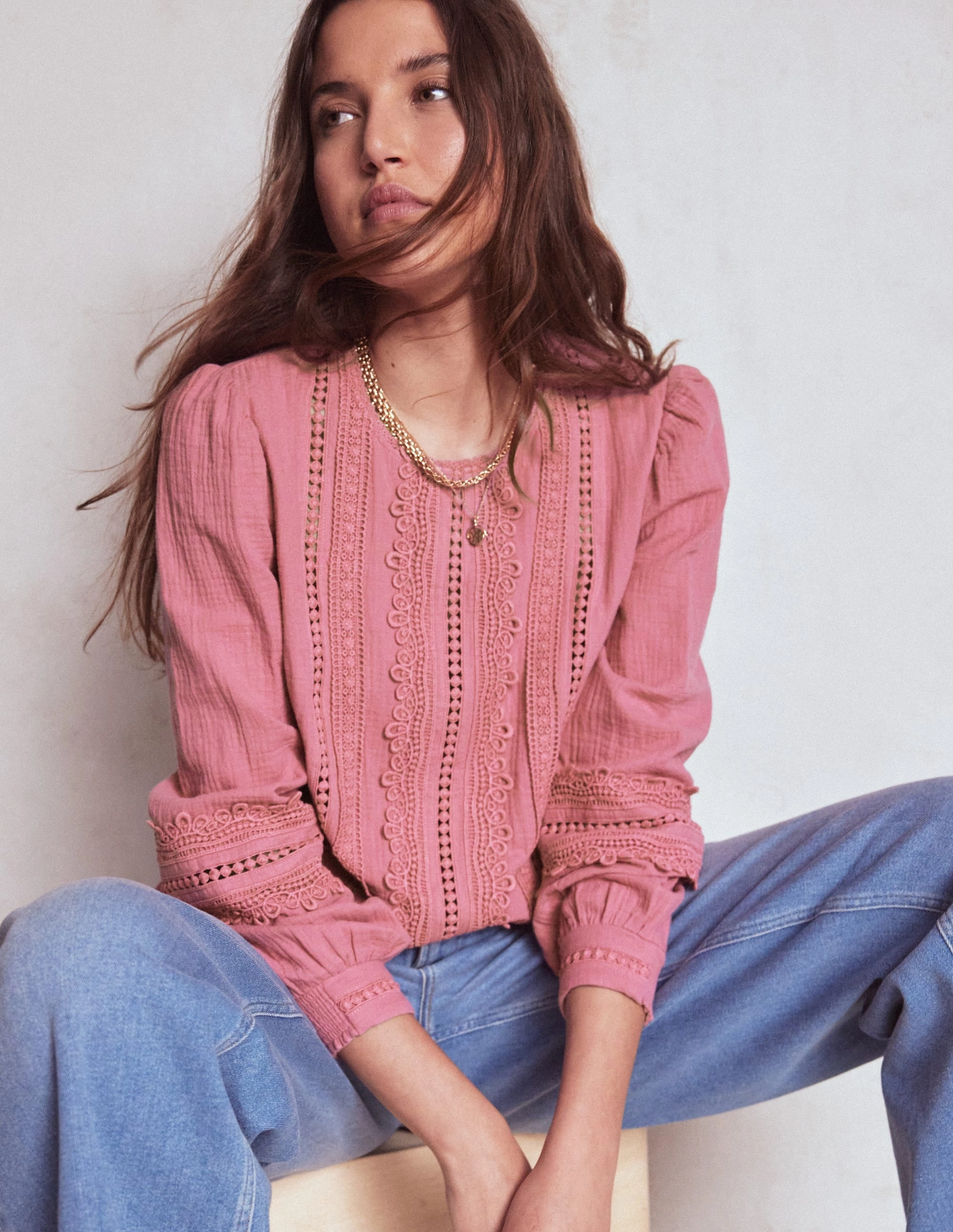 HypoallergenicFabric Trim Interest Double Cloth Top-Pink Heather