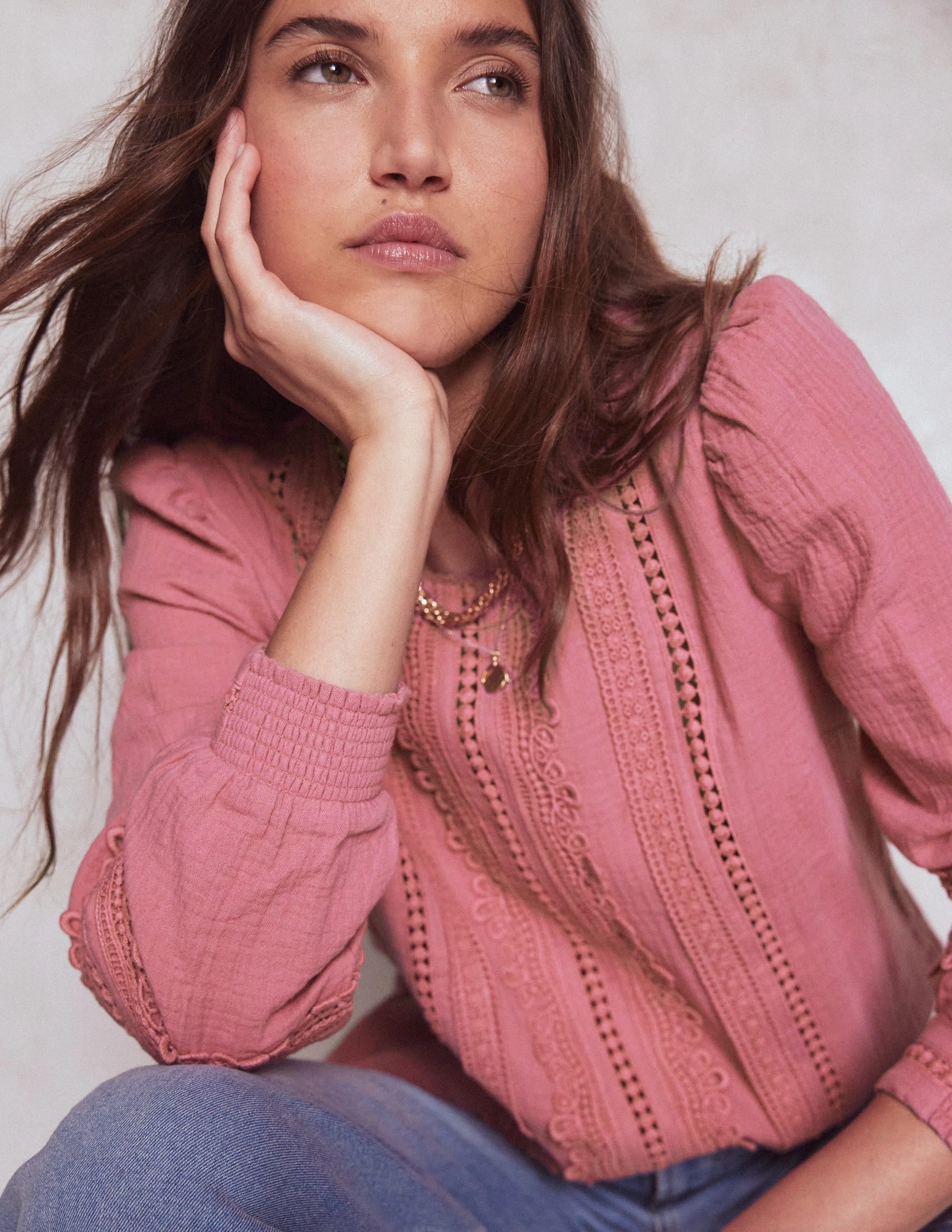 Stylish T-shirt WrinkleResistant Fabric Trim Interest Double Cloth Top-Pink Heather