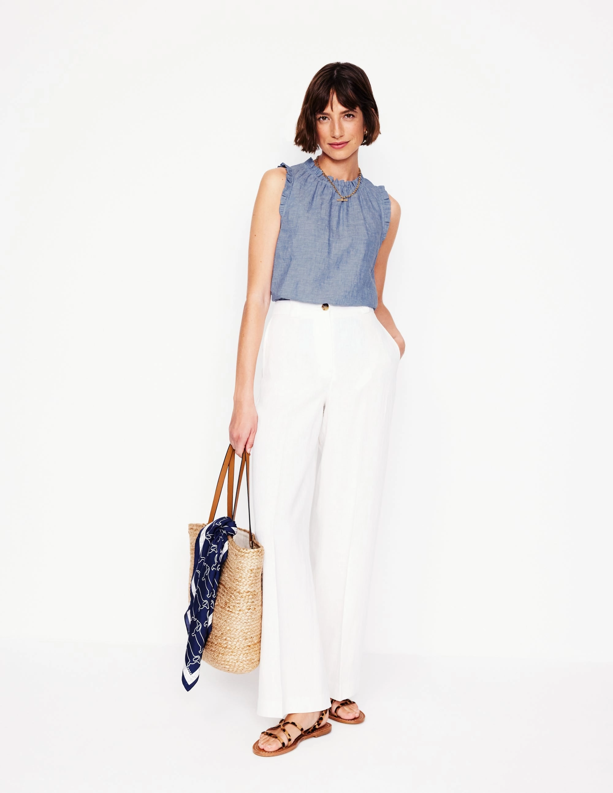 Sophie Ruffle Linen Top-Chambray Flatlock Seam Design