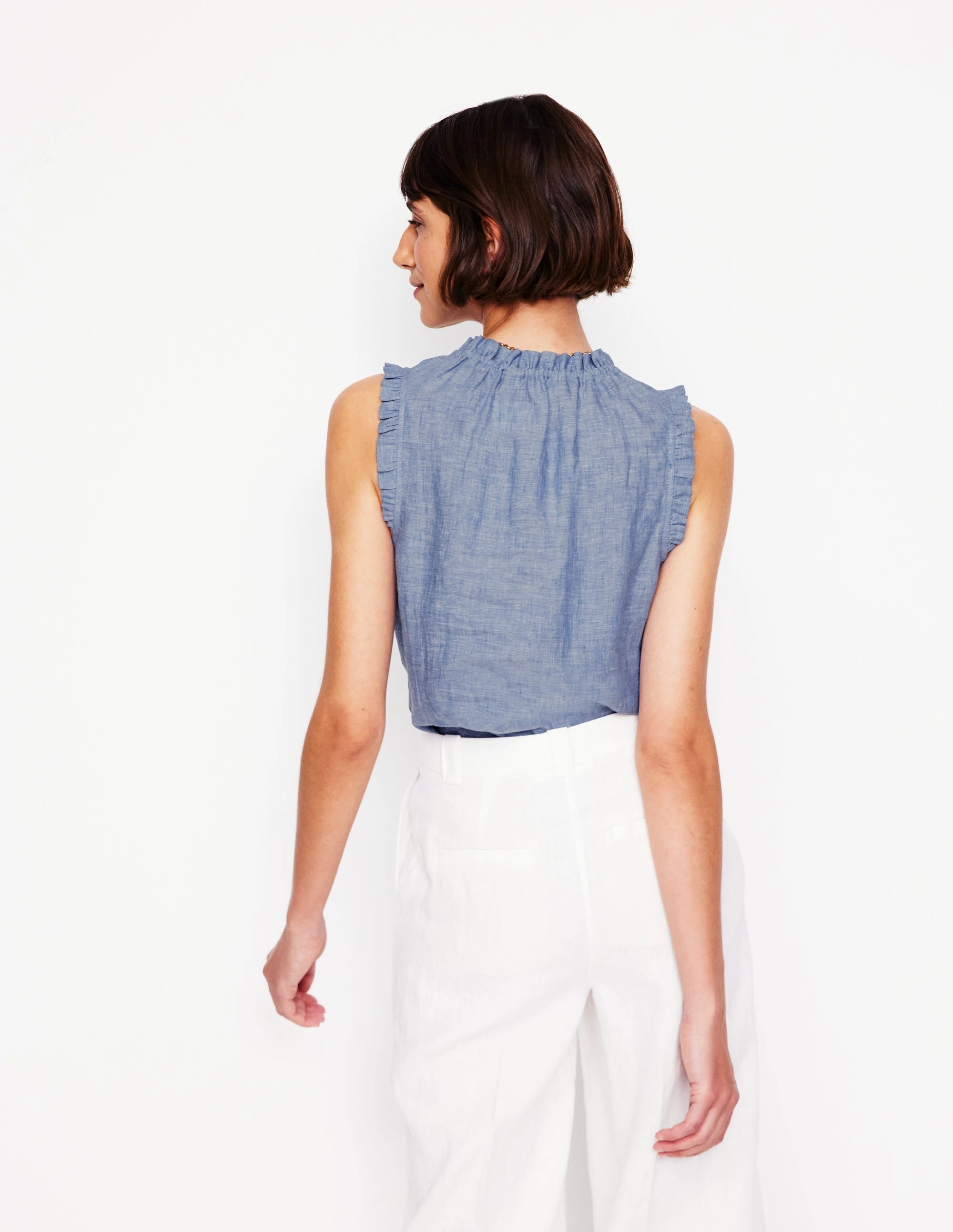 Printed Blouse Sophie Ruffle Linen Top-Chambray