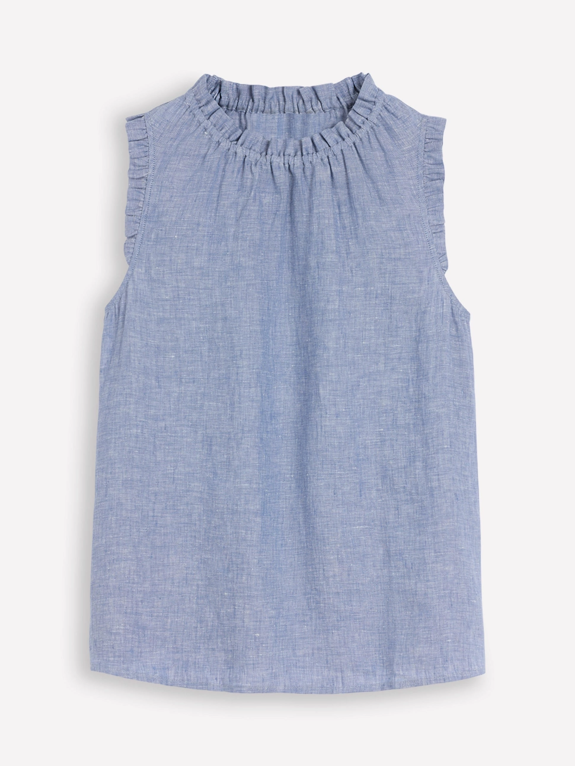 Reinforced Hem Contrast Stitch Sophie Ruffle Linen Top-Chambray