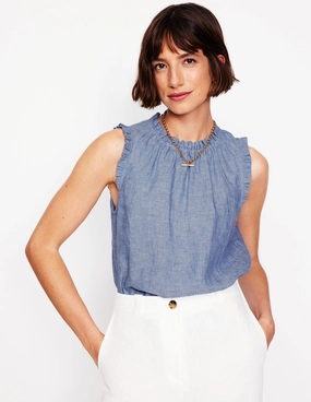 Friction Resistant Finish Multi Pocket Configuration Sophie Ruffle Linen Top-Chambray