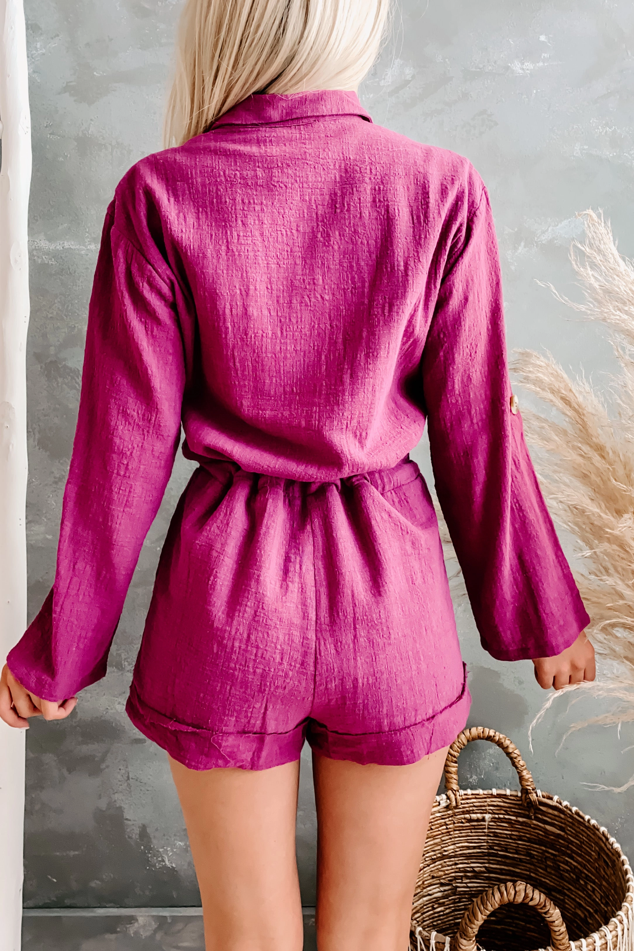 Lighthearted Linen Romper (Berry) Glow In The Dark Accent Trim