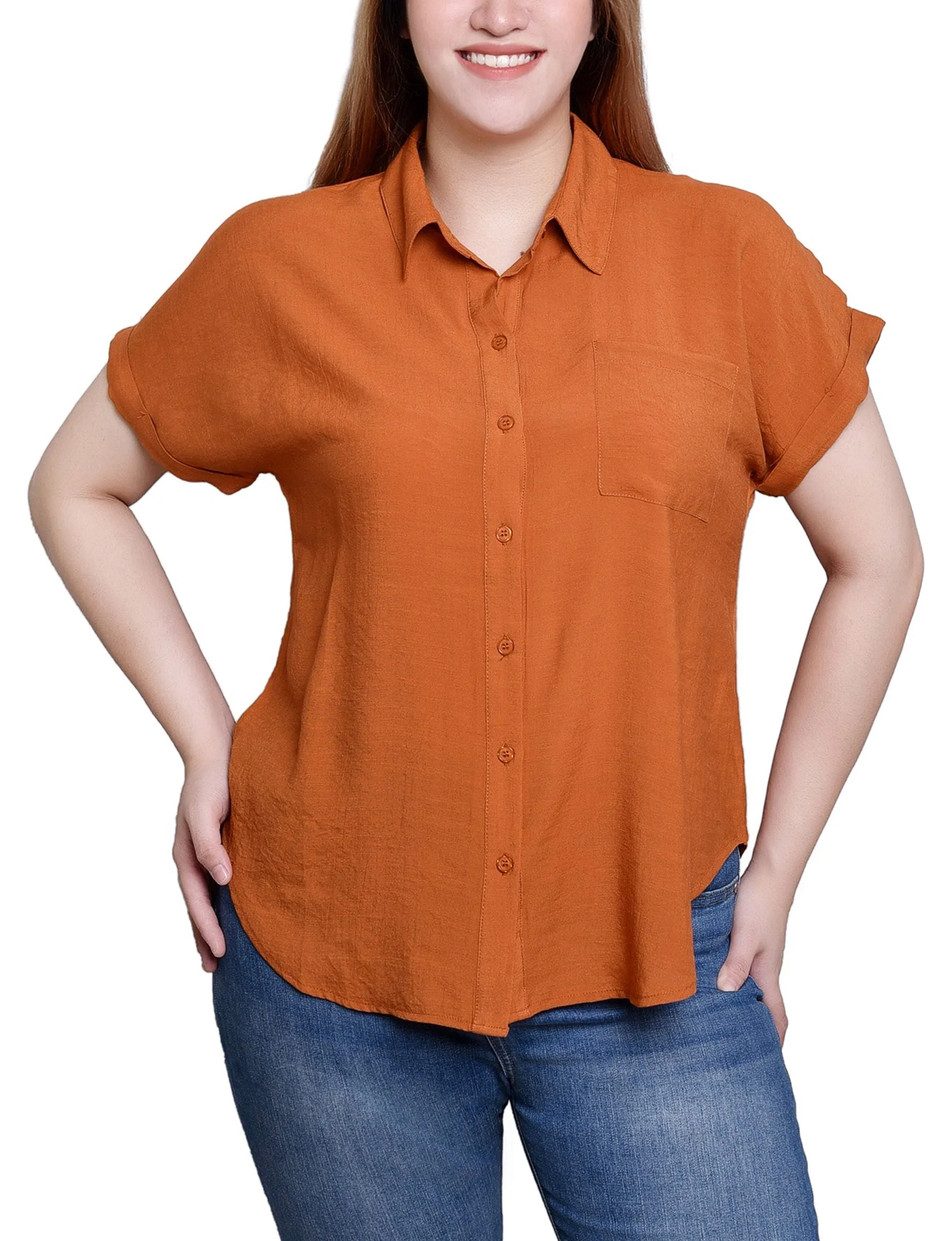 Short Sleeve Woven Front/Jersey Back Top Unstructured Silhouette
