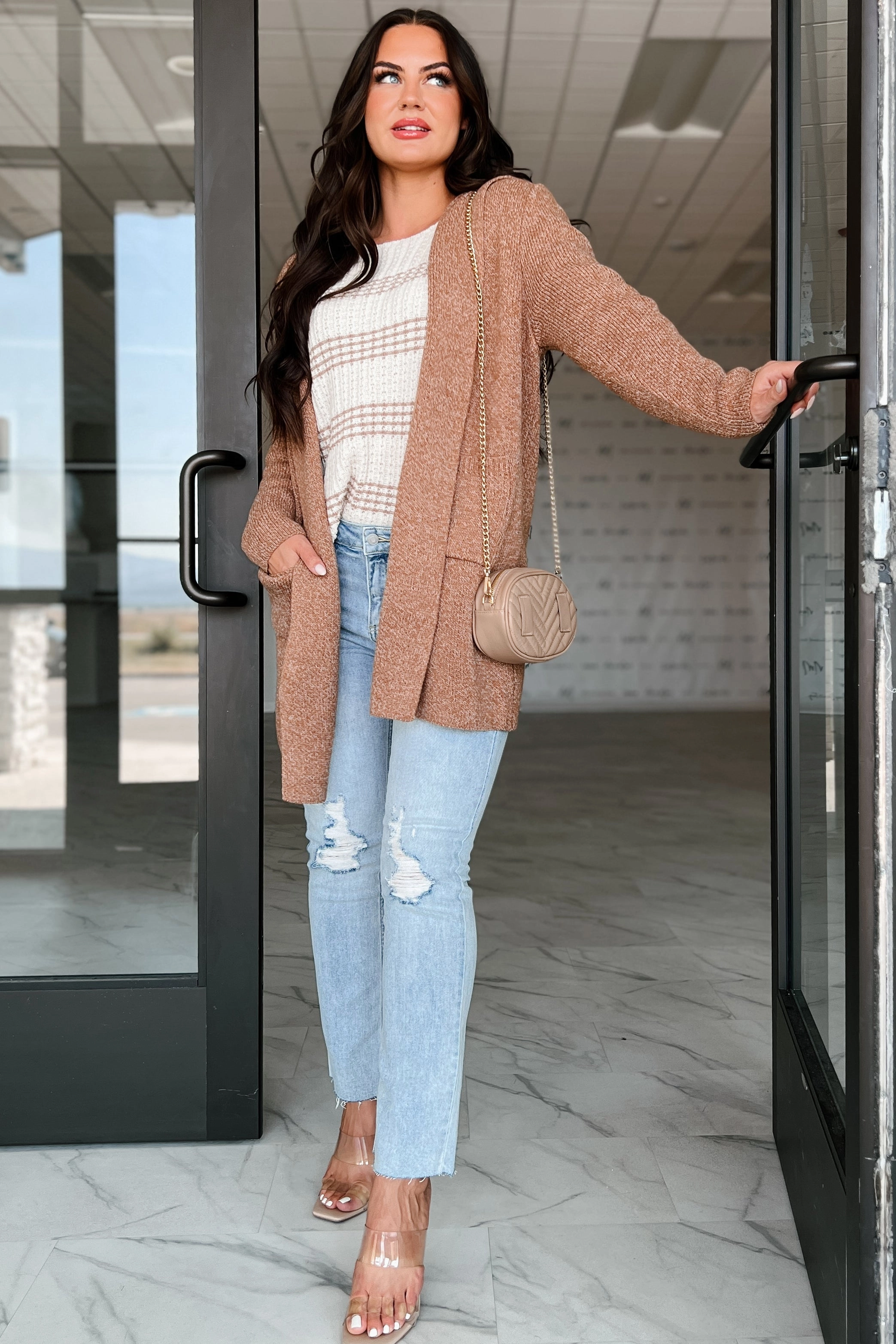 Cue The Cuddles Zenana Hooded Cardigan (Deep Camel) Stretch Woven Material Multi Directional Mobility