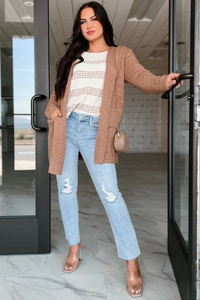 Cue The Cuddles Zenana Hooded Cardigan (Deep Camel) Circular Knit Technology High Visibility Trim