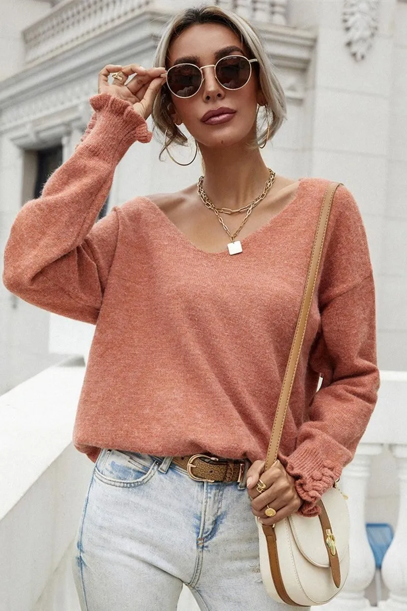 NonScratchyLining Elastic Edge Binding BUTTON LOOSE SOLID COLOR PULLOVER SWEATER