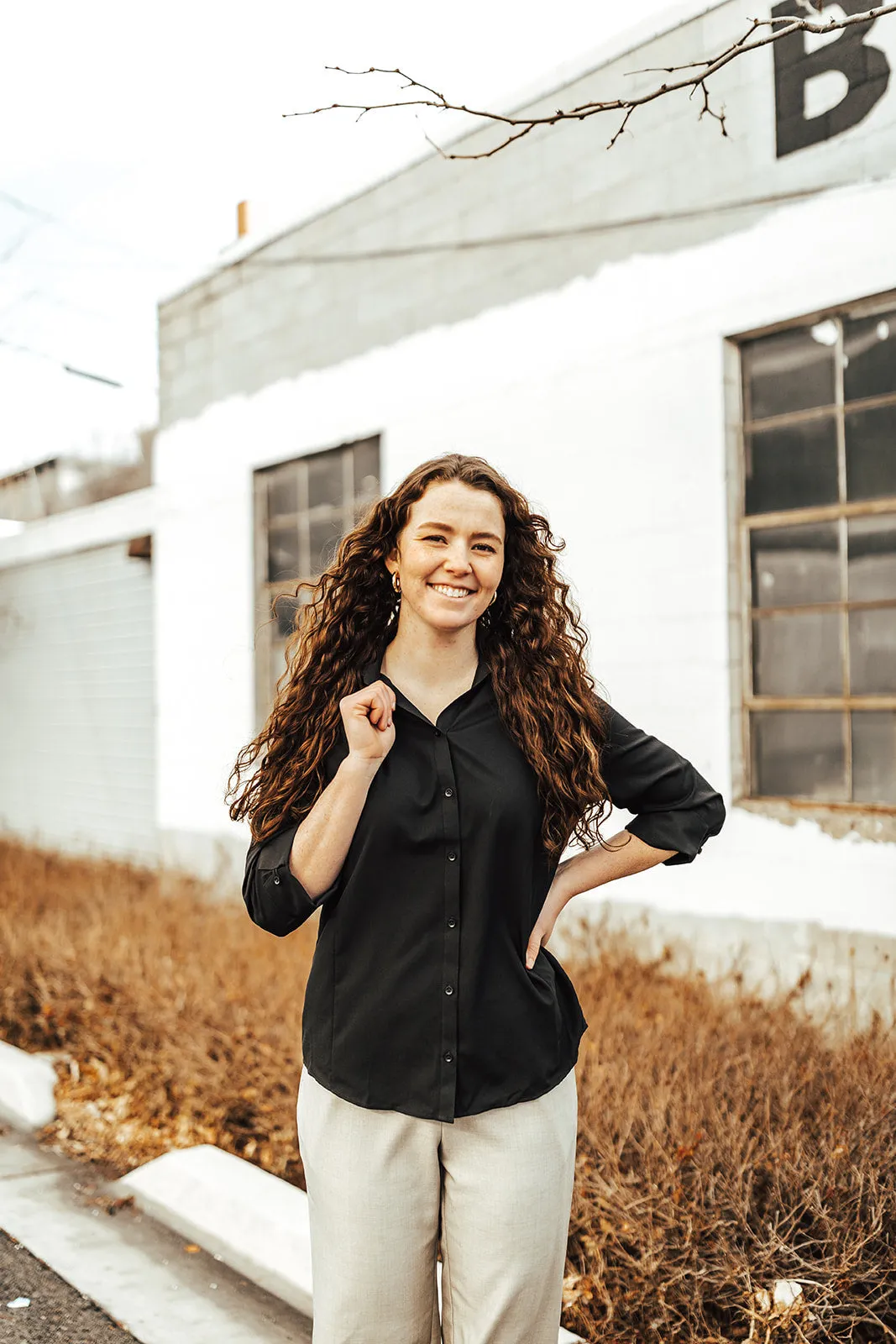 Button-Up 3/4 Sleeve Blouse ZipperedPockets