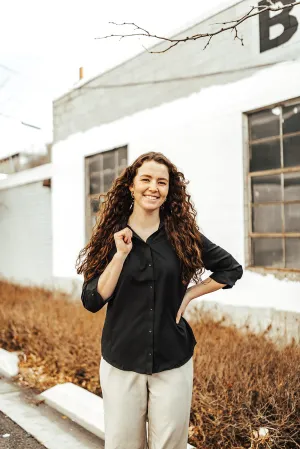 Button-Up 3/4 Sleeve Blouse ZipperedPockets