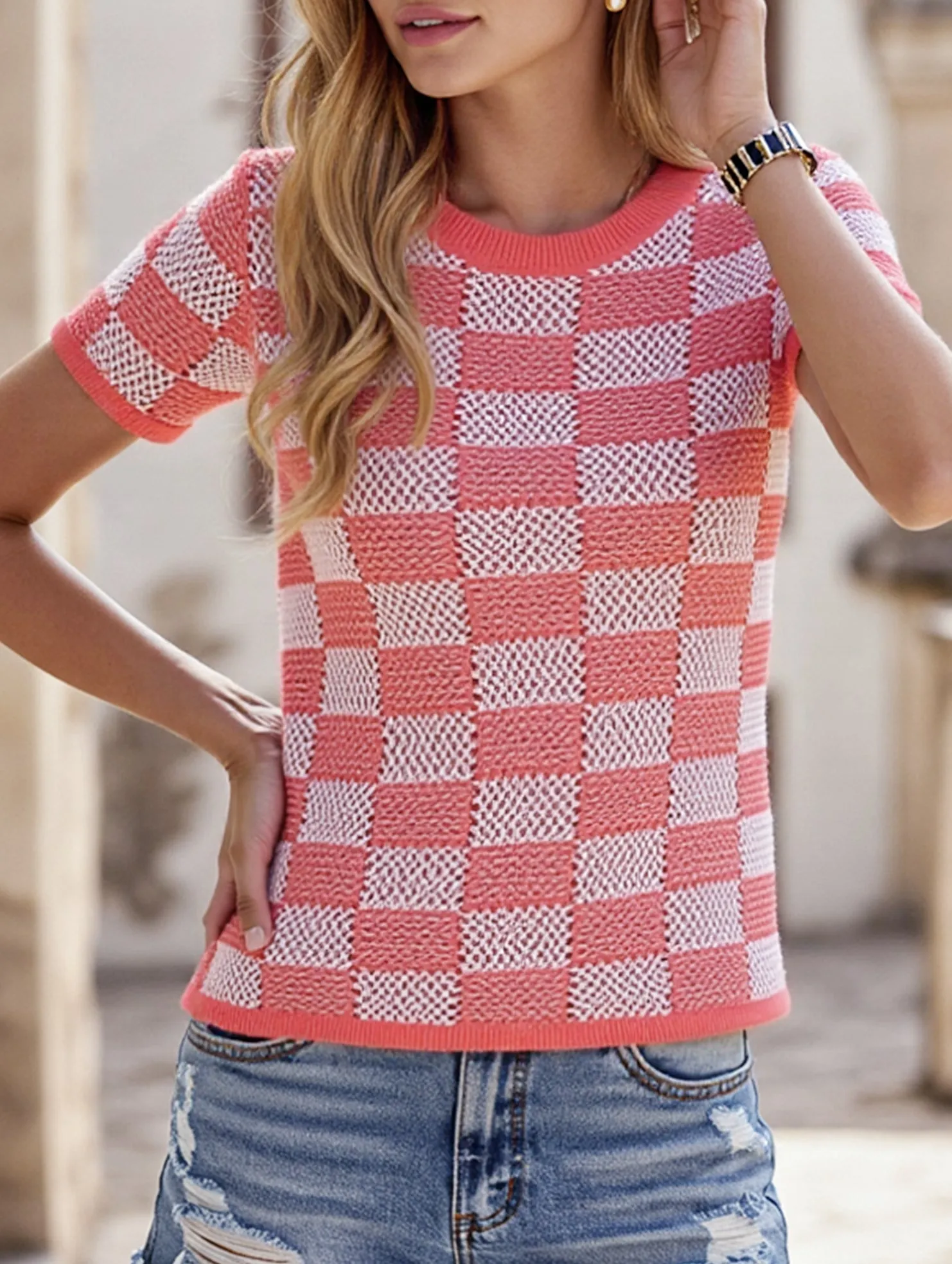 Reinforced Shoulders CASUAL PLAID CREW NECK KNIT SHORT SLEEVED SHIRT_CWTBLS0424