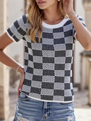 BoxySilhouette UniversalFit CASUAL PLAID CREW NECK KNIT SHORT SLEEVED SHIRT_CWTBLS0424