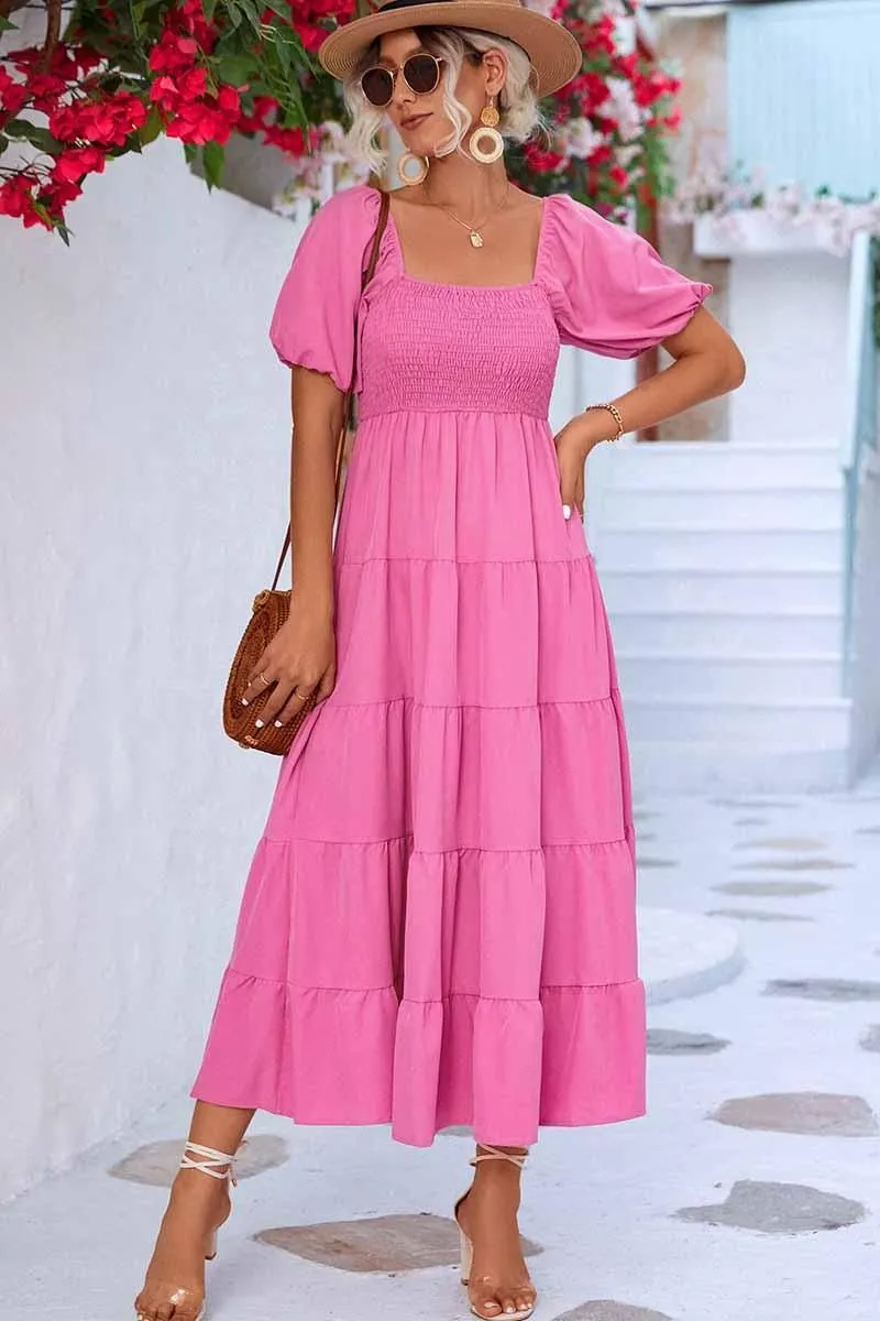 SQUARE NECK PUFF WRINKLE CHEST CAKE MAXI DRESS Easy Look