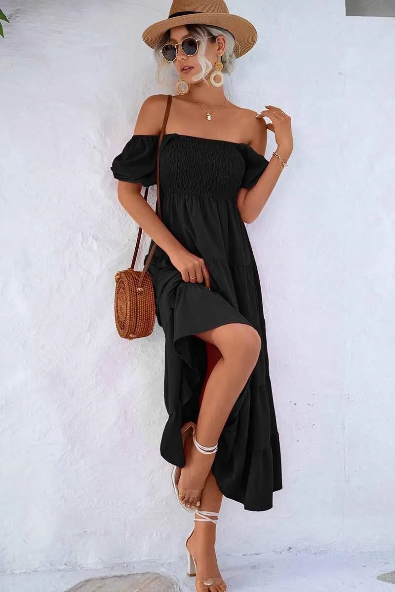 Lounge Fit Bold colors SQUARE NECK PUFF WRINKLE CHEST CAKE MAXI DRESS