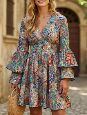 Women's Floral Print V-Neck Bell Sleeve Dress Classic Comfort