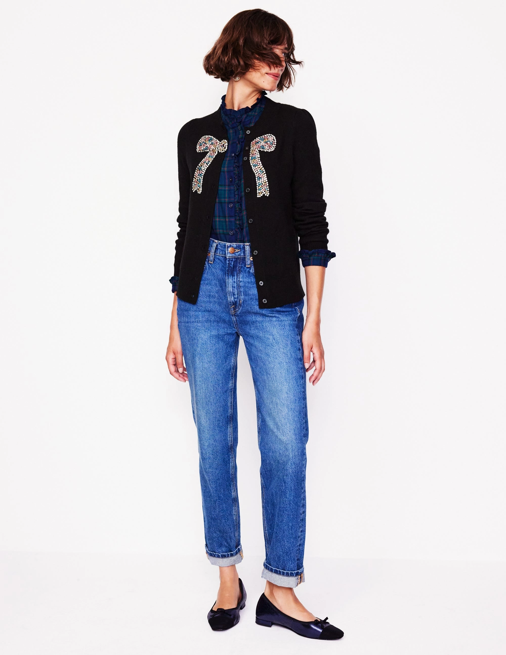 Bamboo Fiber Composition HandLinked Seams Fenella Embellished Cardigan-Black