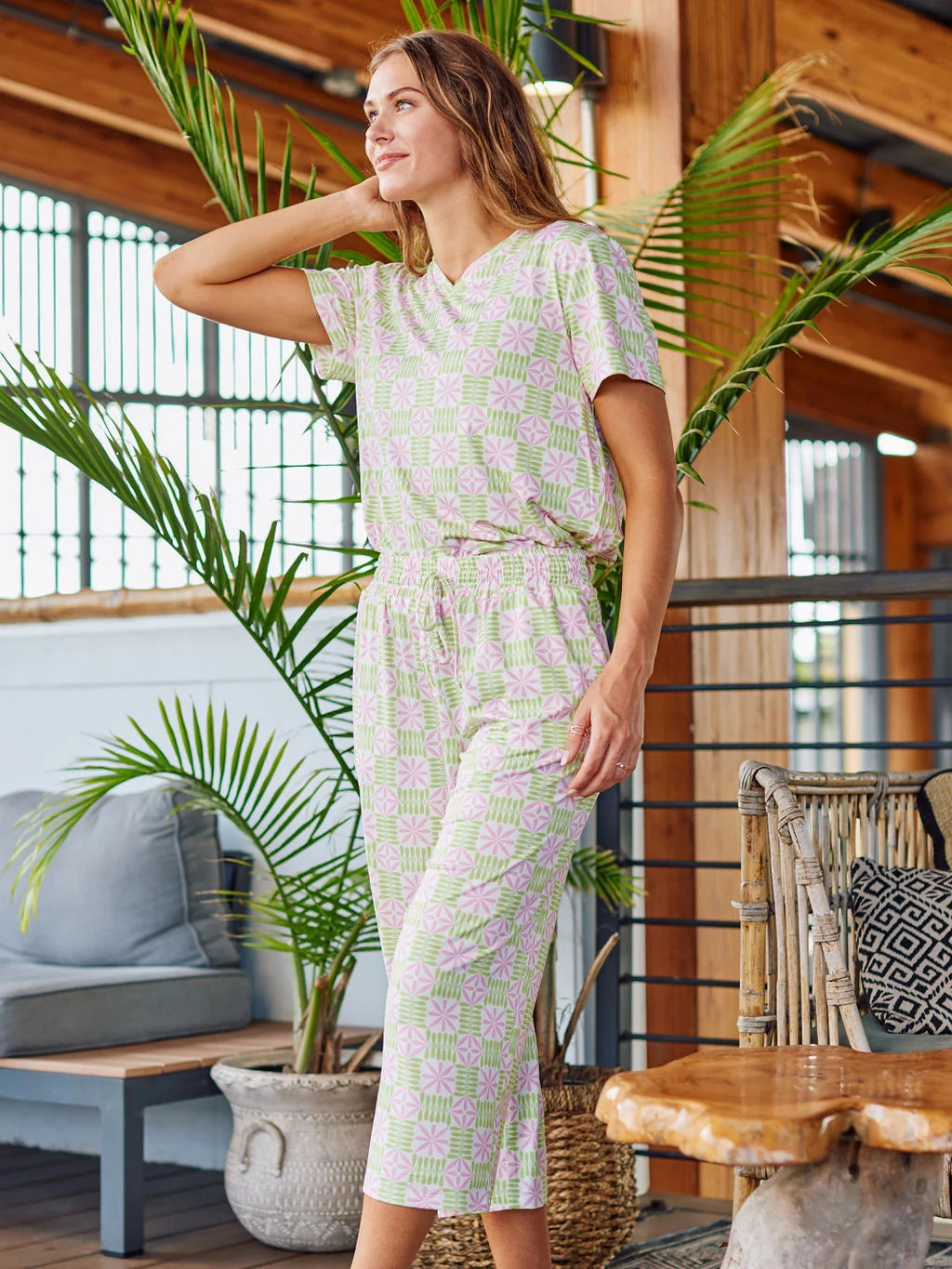 Alli Cropped Pants Pajama Set in Quilted Charm Relaxed Design HiddenZipper