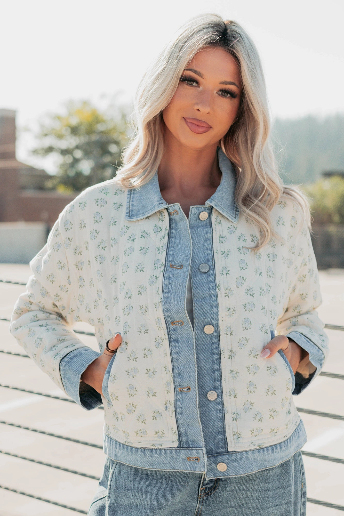 Worship Breezy Mood Floral Quilted Denim Jacket (Ivory/Blue)