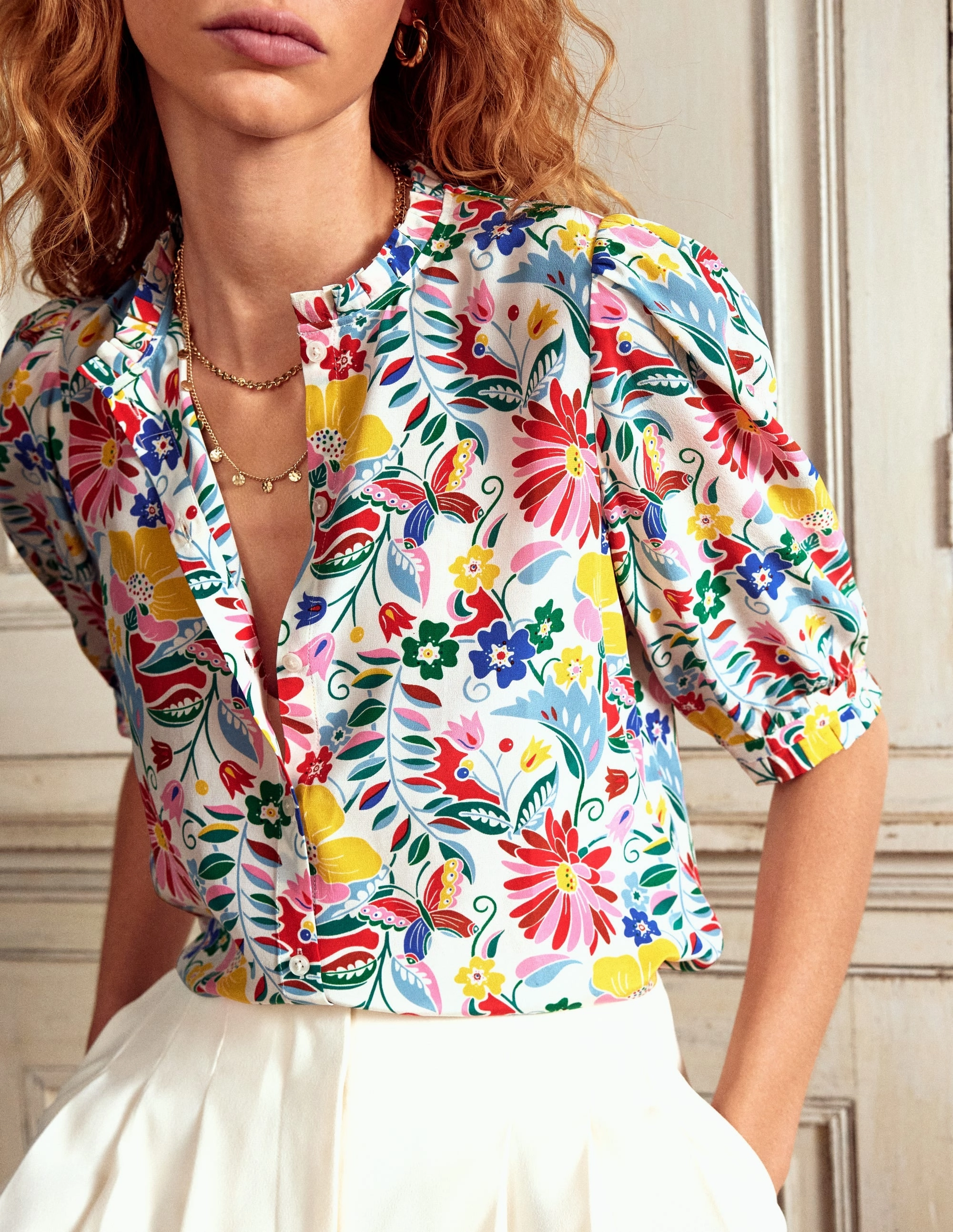 Frill Detail Silk Top-Multi, Wildflower Trail FlatlockSeams